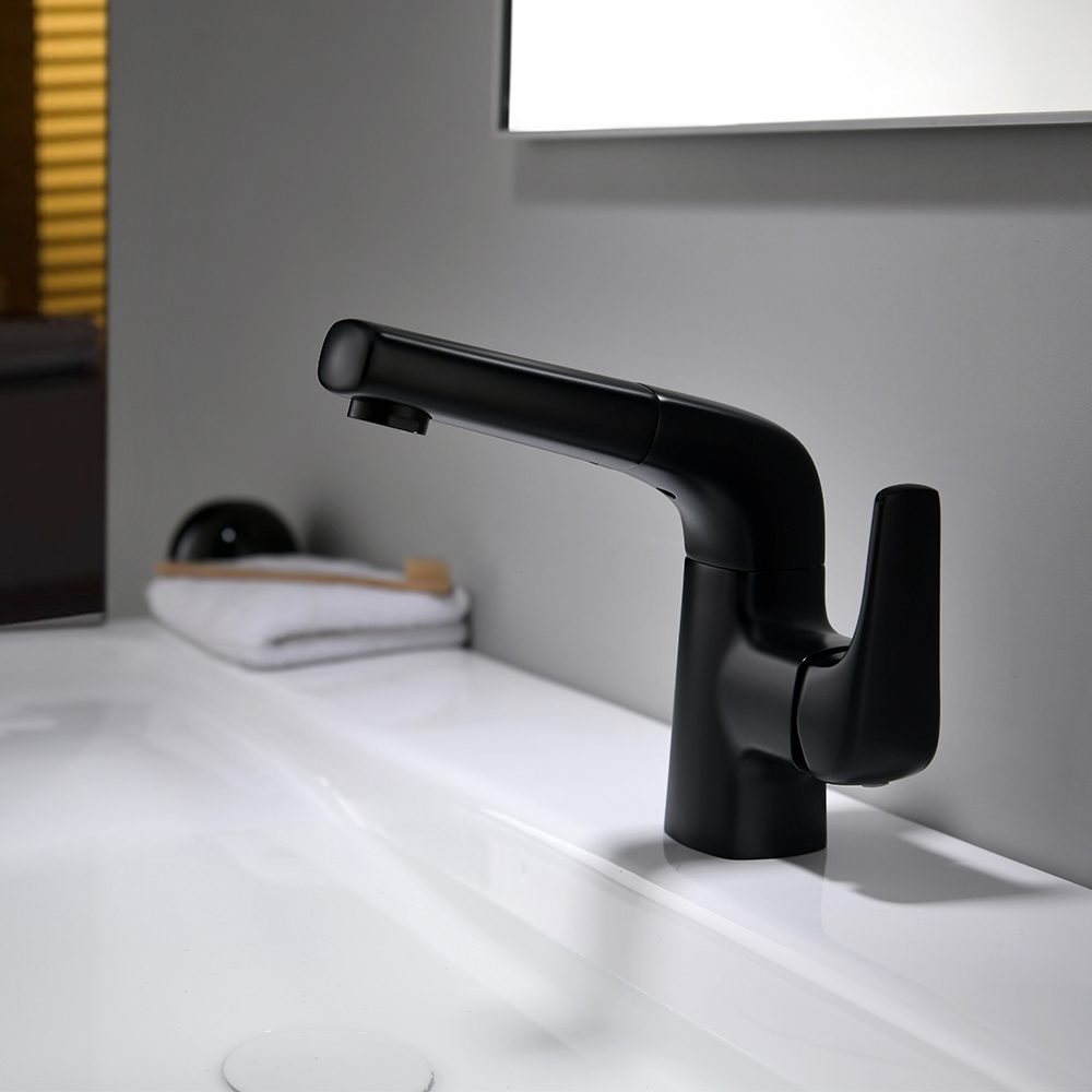 Pull-down Bathroom Single Handle Brass Basin Faucet in Matte Black